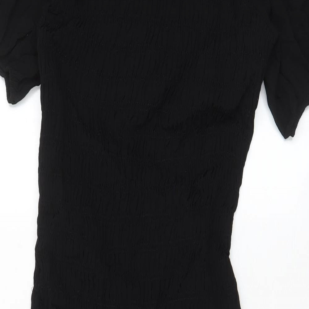 Marks and Spencer Womens Black Viscose Fit & Flare Size 10 Crew Neck Button - Pleated, Stretch
