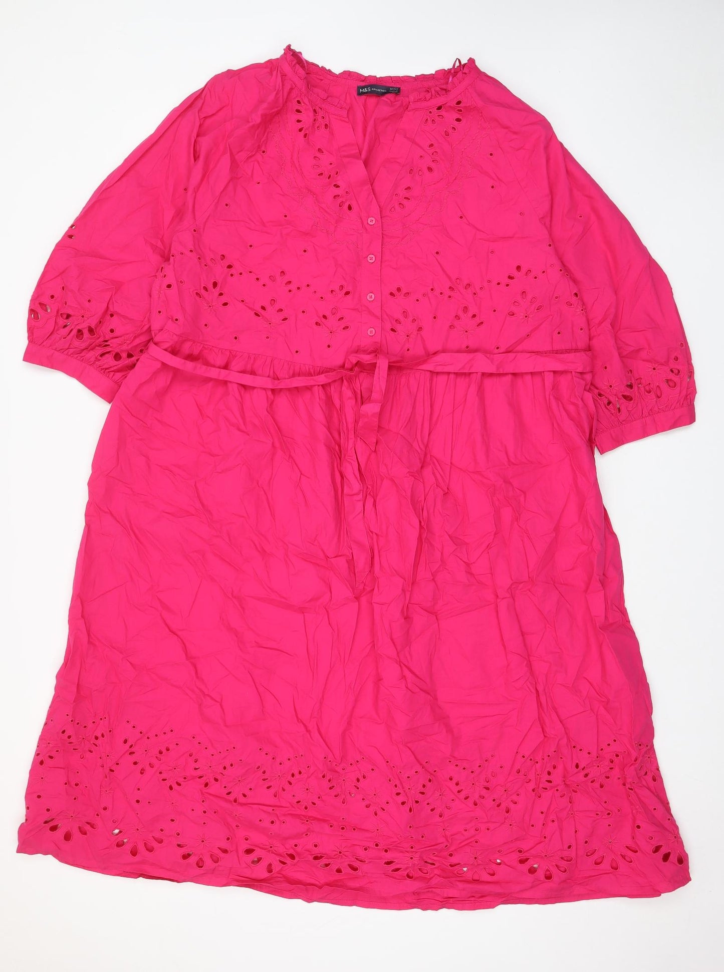 Marks and Spencer Womens Pink Cotton A-Line Size 22 V-Neck Button - Belted, Embroided