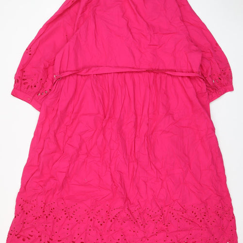 Marks and Spencer Womens Pink Cotton A-Line Size 22 V-Neck Button - Belted, Embroided