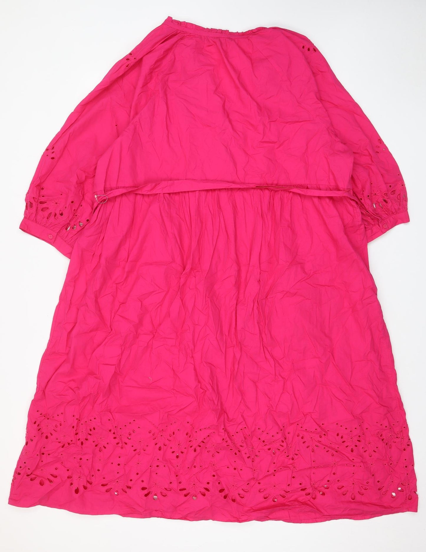 Marks and Spencer Womens Pink Cotton A-Line Size 22 V-Neck Button - Belted, Embroided