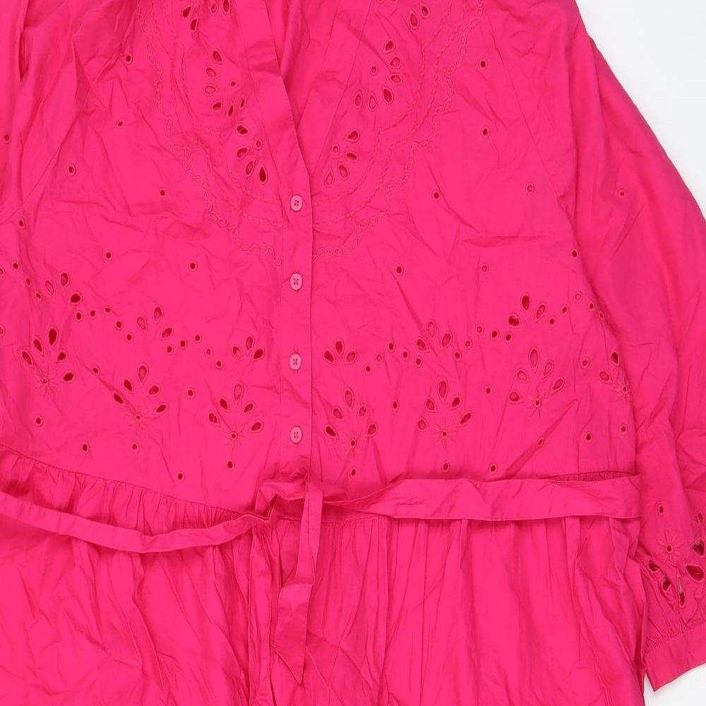 Marks and Spencer Womens Pink Cotton A-Line Size 22 V-Neck Button - Belted, Embroided