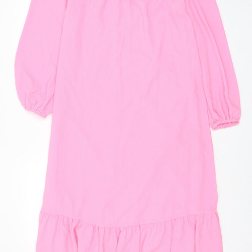 Marks and Spencer Womens Pink Polyester A-Line Size 6 Crew Neck Button - Lettuce Edging, Pleated, Frill