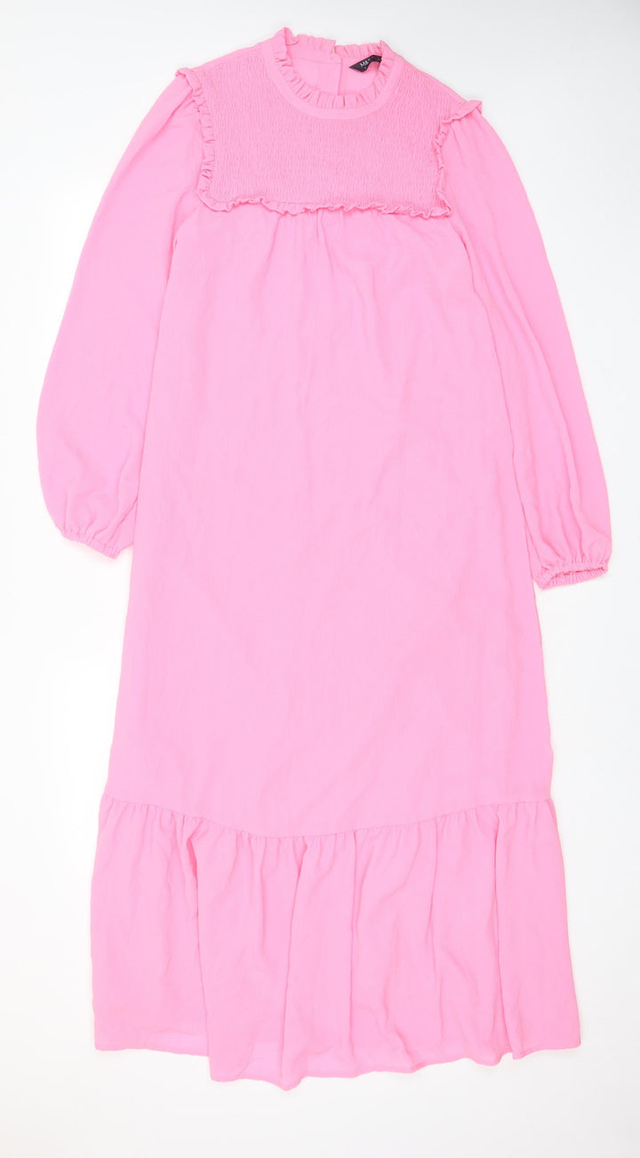 Marks and Spencer Womens Pink Polyester A-Line Size 6 Crew Neck Button - Lettuce Edging, Pleated, Frill