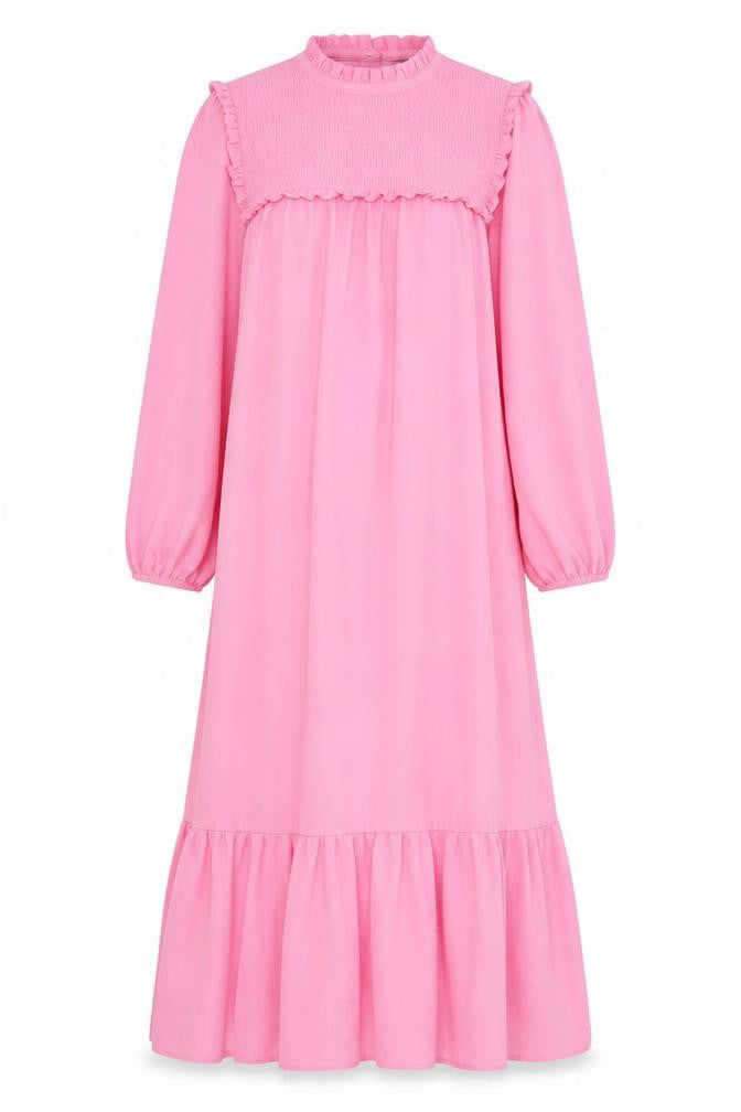 Front view of Marks & Spencer women’s pink polyester a-line, size UK 6, crew neck button - lettuce edging, pleated, frill
