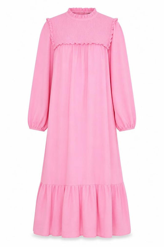 Front view of Marks & Spencer women’s pink polyester a-line, size UK 6, crew neck button - lettuce edging, pleated, frill