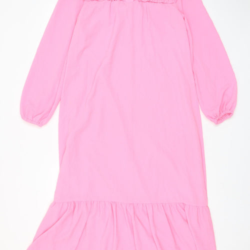 Marks and Spencer Womens Pink Polyester A-Line Size 6 Crew Neck Button - Lettuce Edging, Pleated, Frill