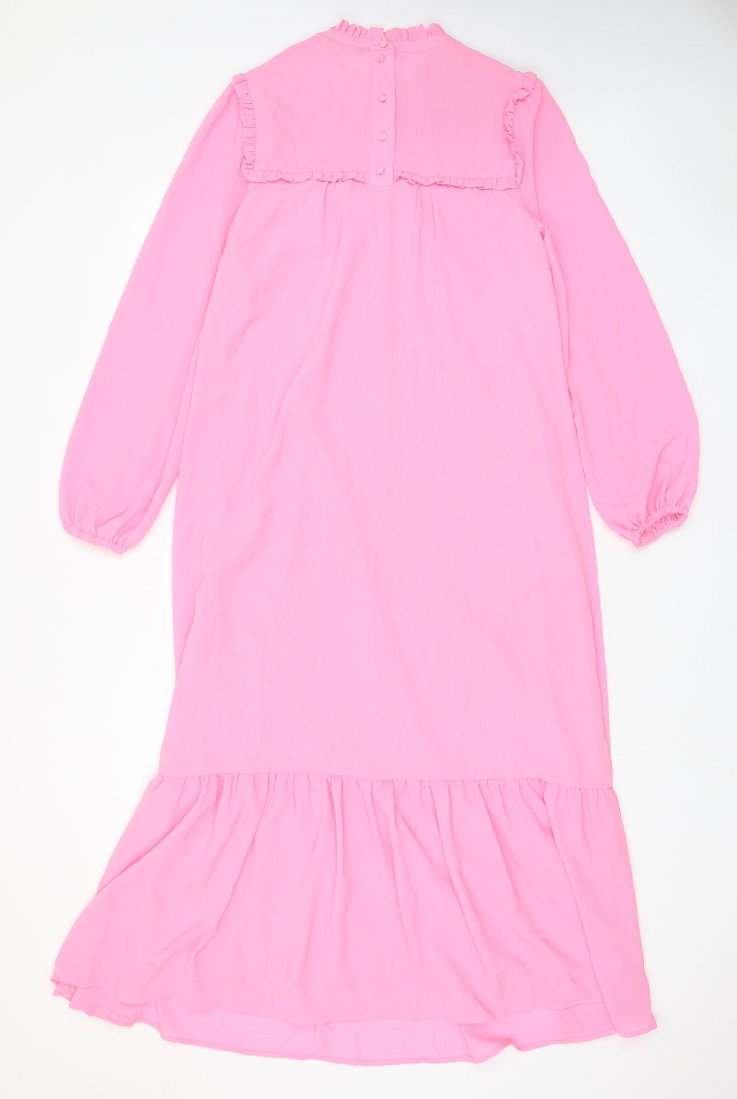 Marks and Spencer Womens Pink Polyester A-Line Size 6 Crew Neck Button - Lettuce Edging, Pleated, Frill