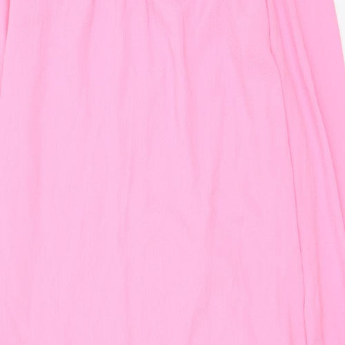 Marks and Spencer Womens Pink Polyester A-Line Size 6 Crew Neck Button - Lettuce Edging, Pleated, Frill