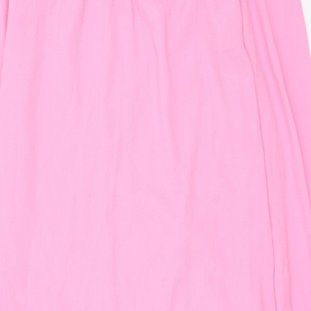 Marks and Spencer Womens Pink Polyester A-Line Size 6 Crew Neck Button - Lettuce Edging, Pleated, Frill