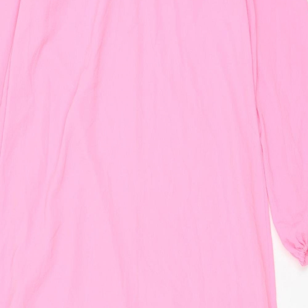 Marks and Spencer Womens Pink Polyester A-Line Size 6 Crew Neck Button - Lettuce Edging, Pleated, Frill
