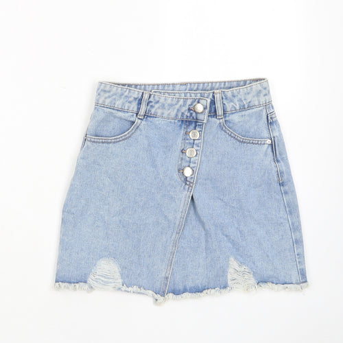 Matalan Girls Blue Cotton A-Line Skirt Size 11 Years Regular Button - Distressed, Pockets, Belt Loops