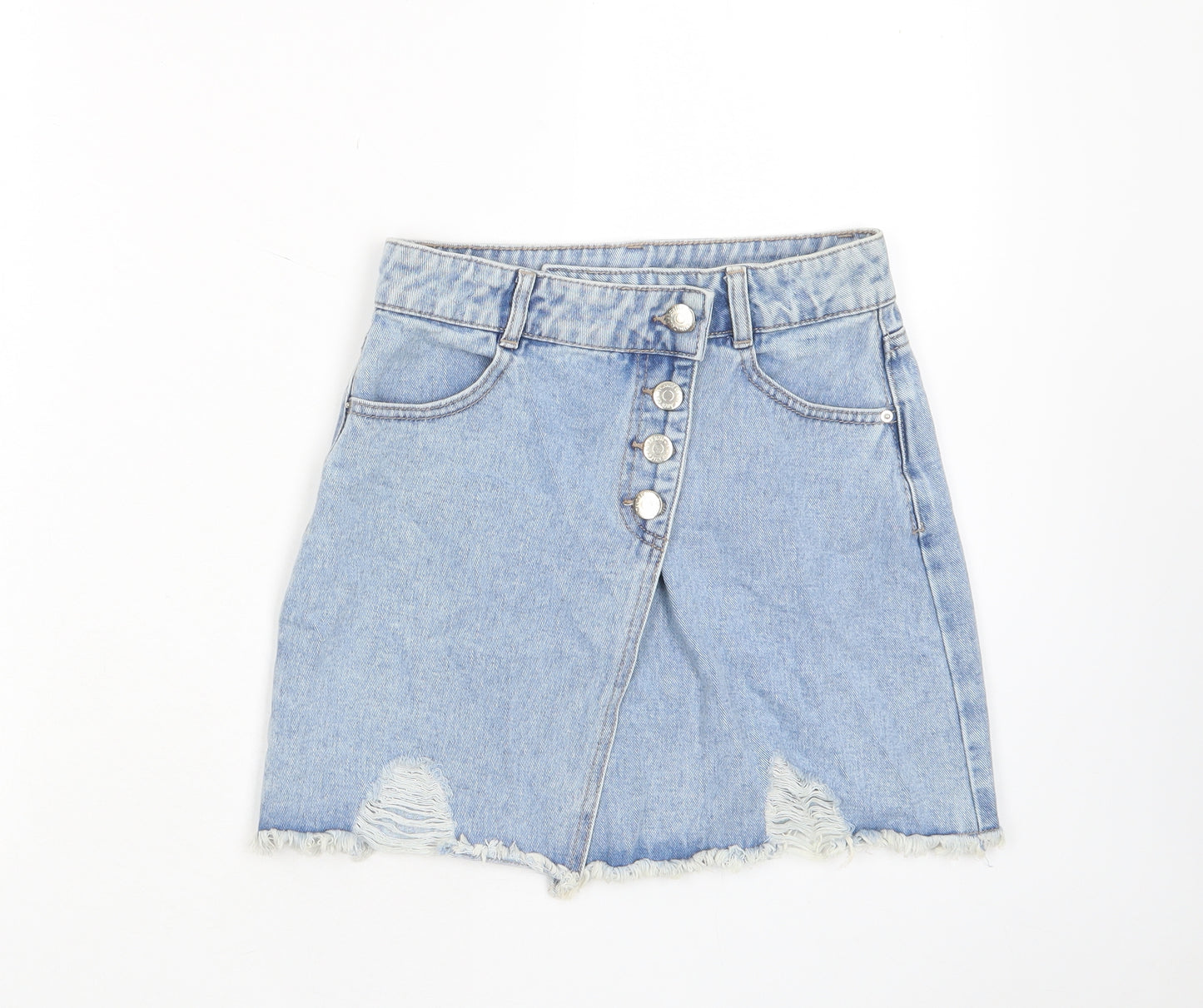 Matalan Girls Blue Cotton A-Line Skirt Size 11 Years Regular Button - Distressed, Pockets, Belt Loops