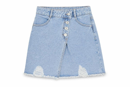 Matalan Girls Blue Cotton A-Line Skirt Size 11 Years Regular Button - Distressed, Pockets, Belt Loops