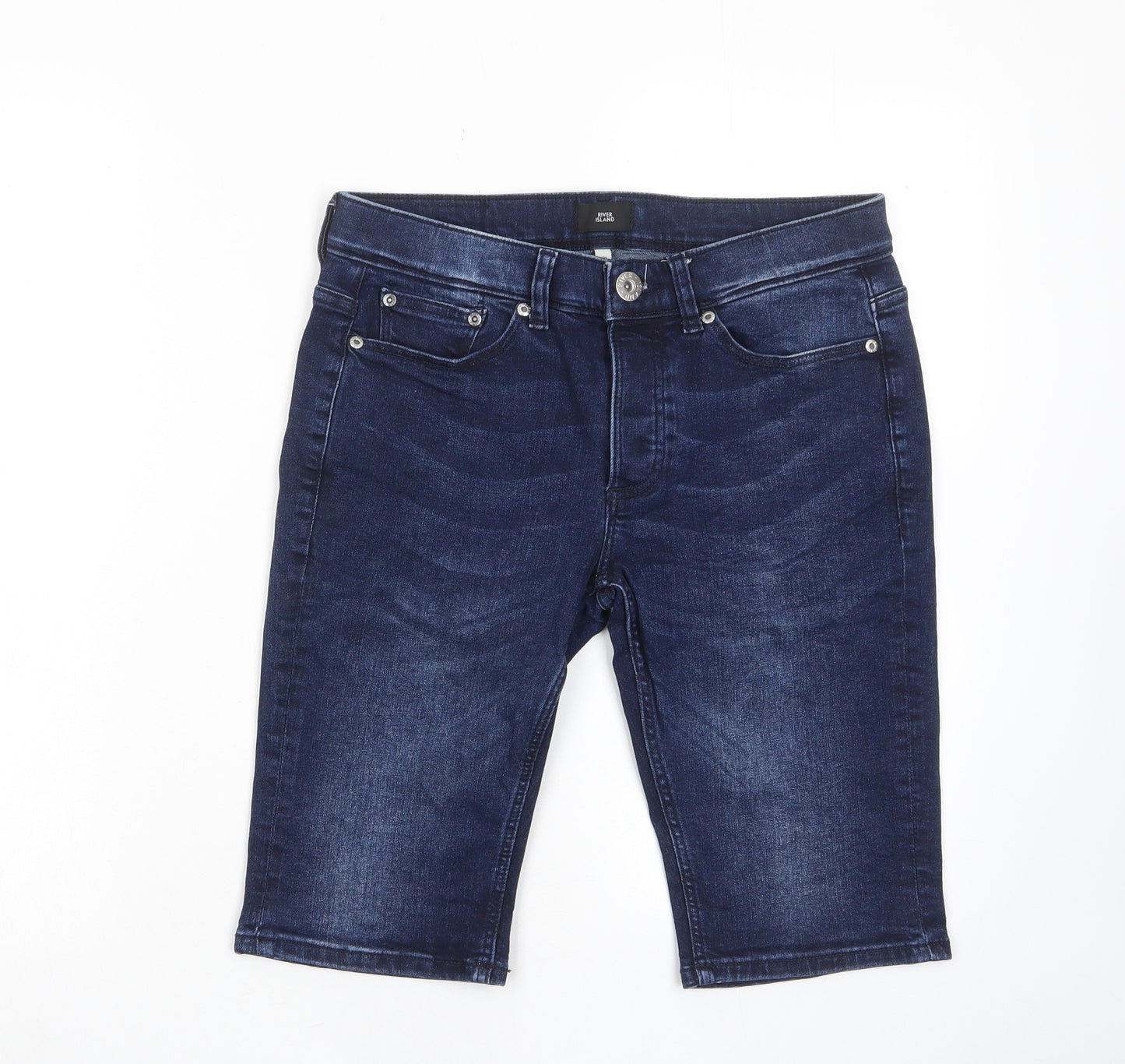 River Island Mens Blue Cotton Bermuda Shorts Size 28 in L12 in Regular Zip - Pockets, Belt Loops