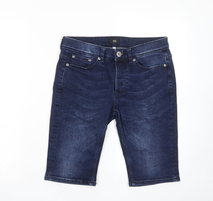 River Island Mens Blue Cotton Bermuda Shorts Size 28 in L12 in Regular Zip - Pockets, Belt Loops
