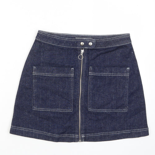 Topshop Womens Blue Cotton A-Line Skirt Size 28 in Zip - Pockets