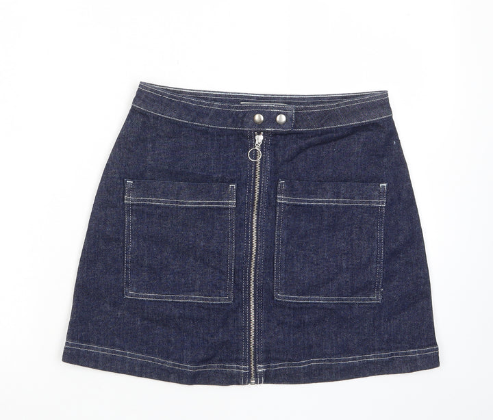 Topshop Womens Blue Cotton A-Line Skirt Size 28 in Zip - Pockets