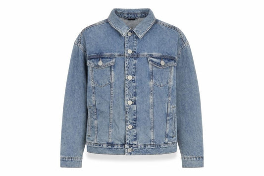 Front view of BDG women’s blue jacket, size S, button - pockets