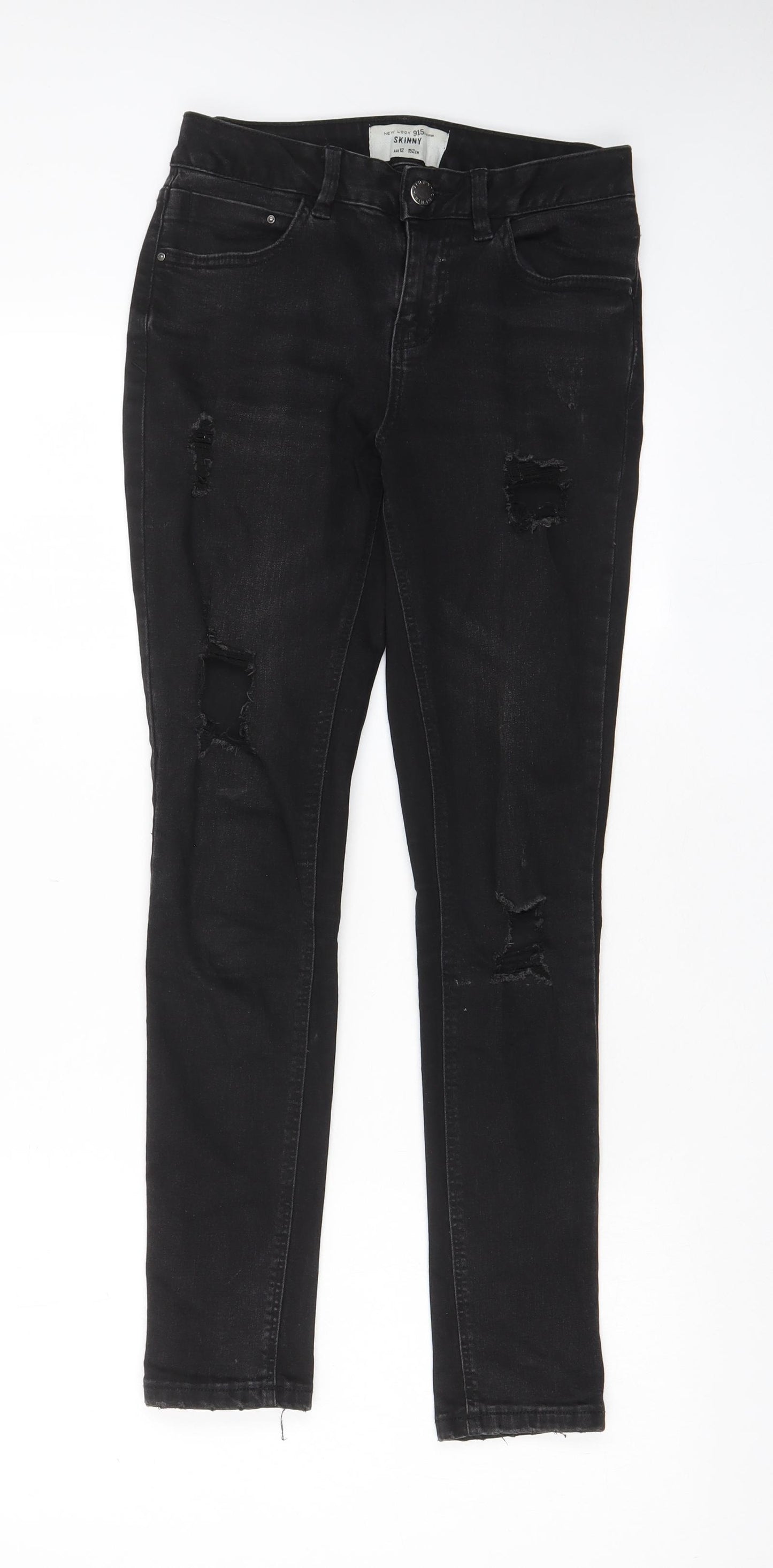 New Look Girls Black Cotton Skinny Jeans Size 12 Years L26 in Regular Zip - Distressed, Pockets, Belt Loops