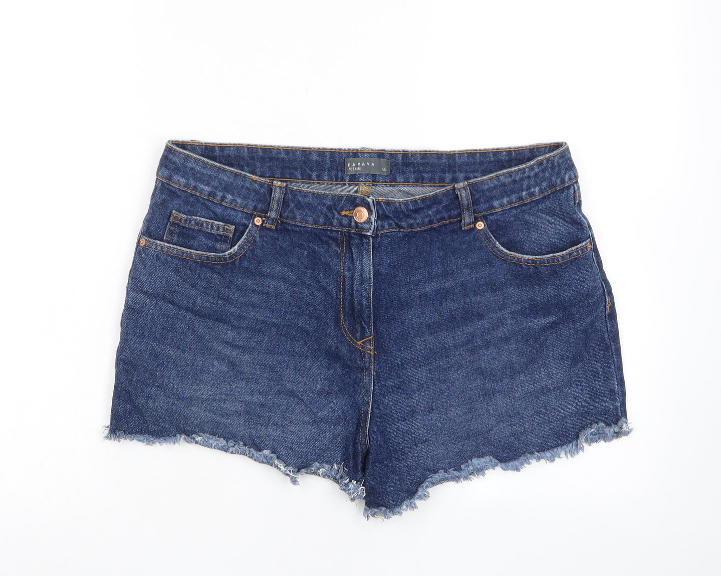 Papaya Womens Blue Cotton Basic Shorts Size 14 L3 in Regular Zip - Pockets, Belt Loops
