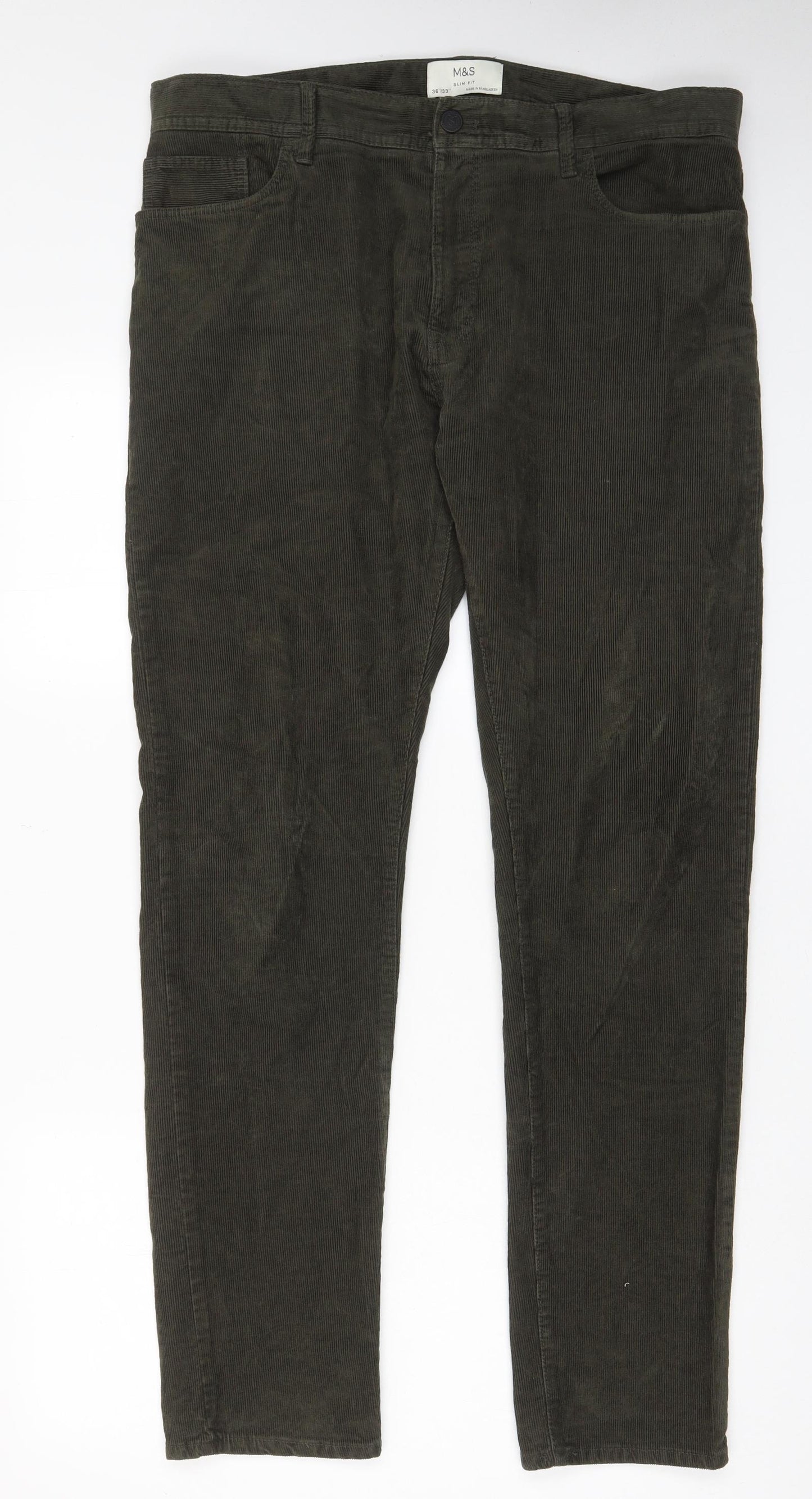 Marks and Spencer Mens Green Cotton Trousers Size 38 in L33 in Slim Zip - Pockets, Belt Loops
