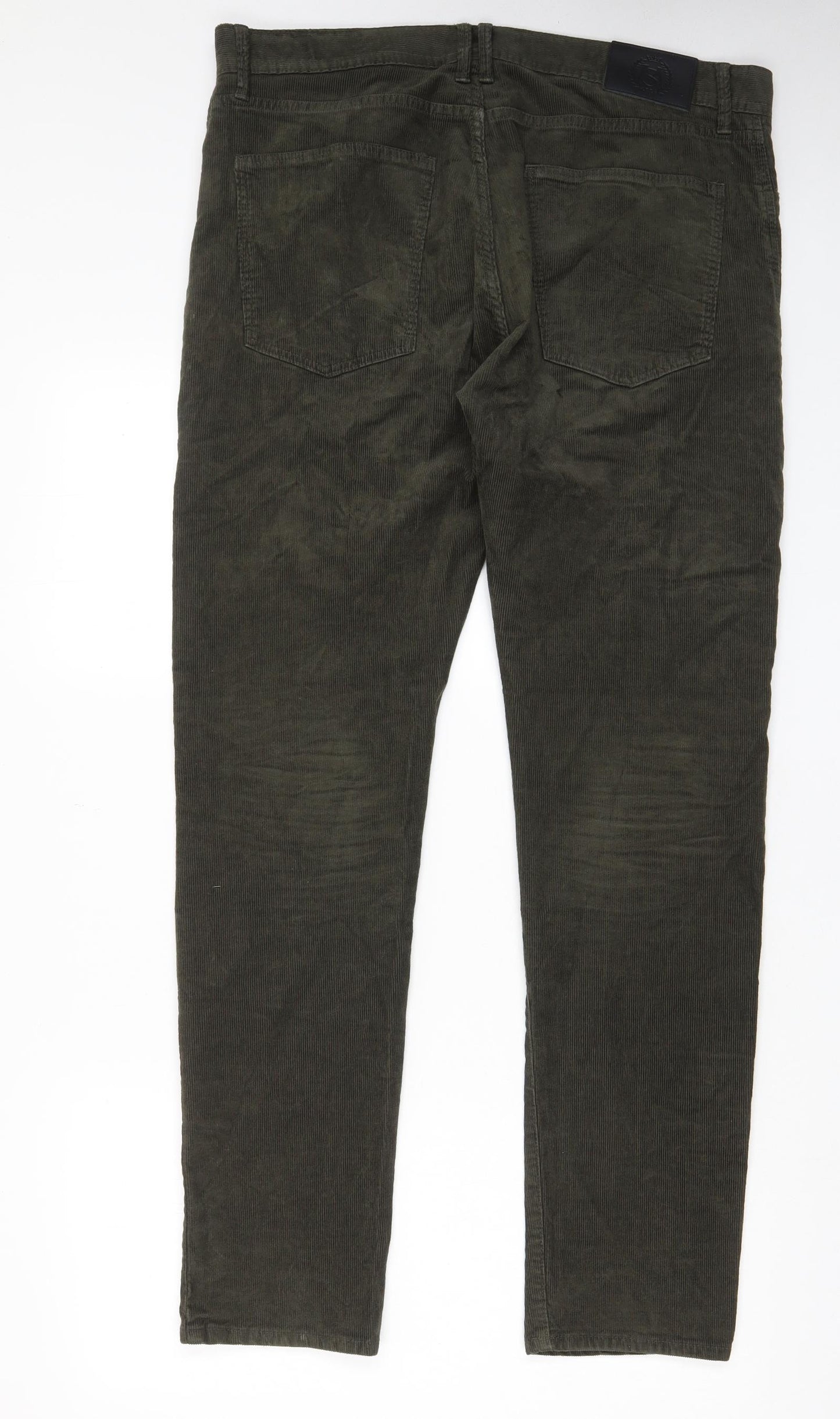Marks and Spencer Mens Green Cotton Trousers Size 38 in L33 in Slim Zip - Pockets, Belt Loops