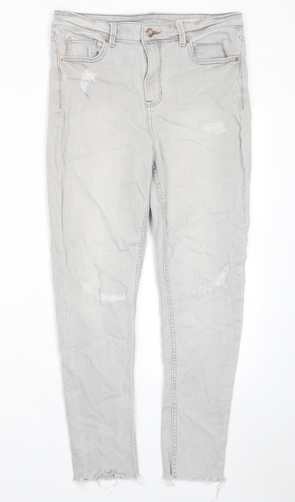 Marks and Spencer Womens Grey Cotton Skinny Jeans Size 14 L27 in Regular Zip - Pockets, Belt Loops, Embroided