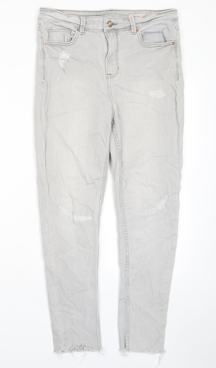 Marks and Spencer Womens Grey Cotton Skinny Jeans Size 14 L27 in Regular Zip - Pockets, Belt Loops, Embroided