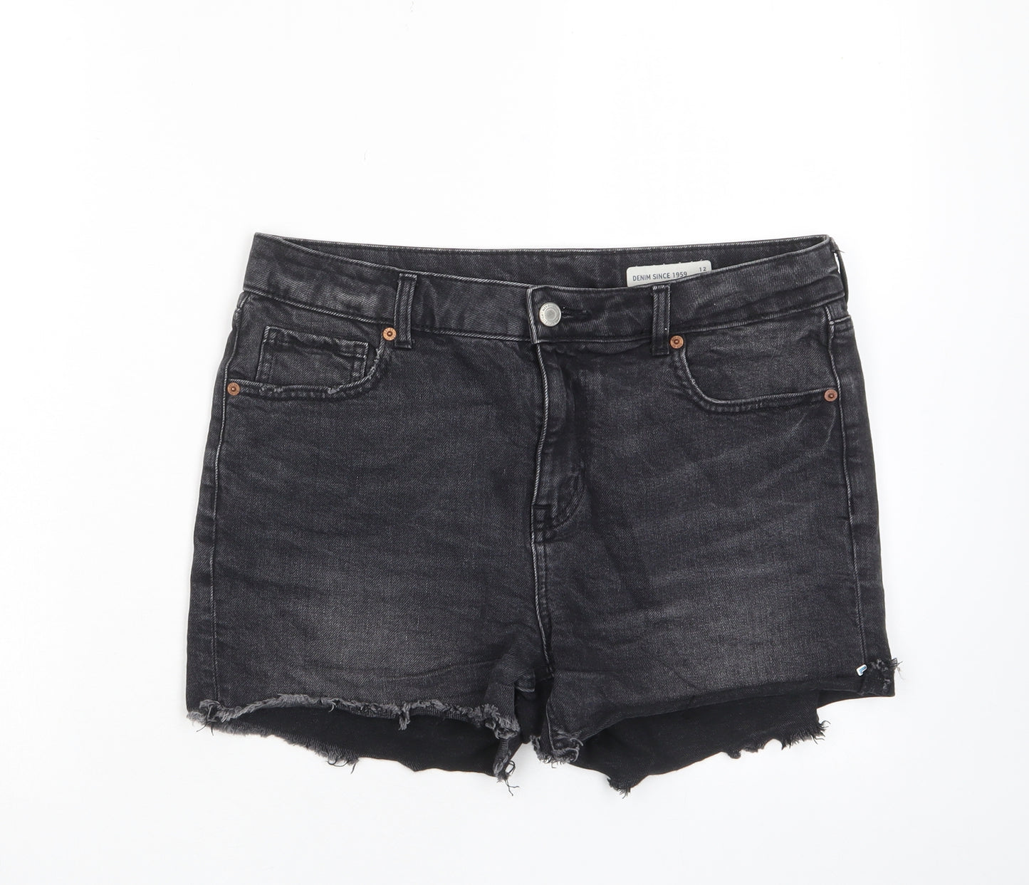 Marks and Spencer Womens Grey Cotton Basic Shorts Size 12 L3 in Regular Zip - Pockets, Belt Loops