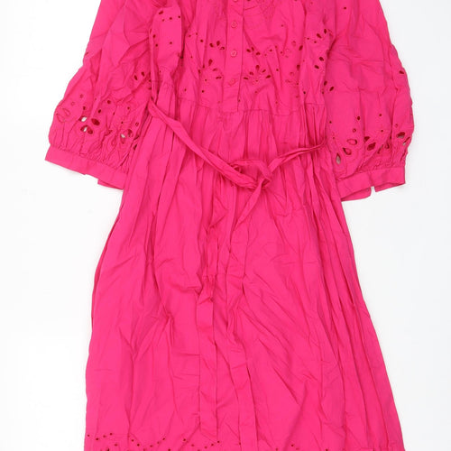 Marks and Spencer Womens Pink Cotton A-Line Size 8 V-Neck Button - Embroided, Belted, Pleated