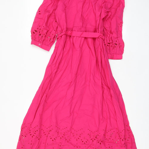 Marks and Spencer Womens Pink Cotton A-Line Size 8 V-Neck Button - Embroided, Belted, Pleated