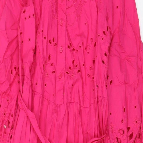 Marks and Spencer Womens Pink Cotton A-Line Size 8 V-Neck Button - Embroided, Belted, Pleated