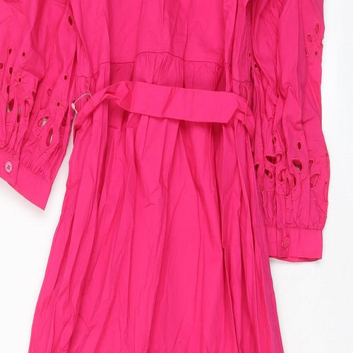 Marks and Spencer Womens Pink Cotton A-Line Size 8 V-Neck Button - Embroided, Belted, Pleated