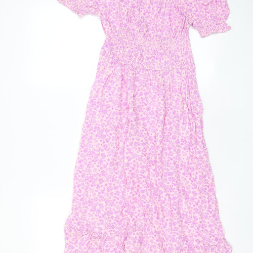 Marks and Spencer Girls Pink Floral Viscose A-Line Size 10-11 Years Boat Neck Pullover - Pleated