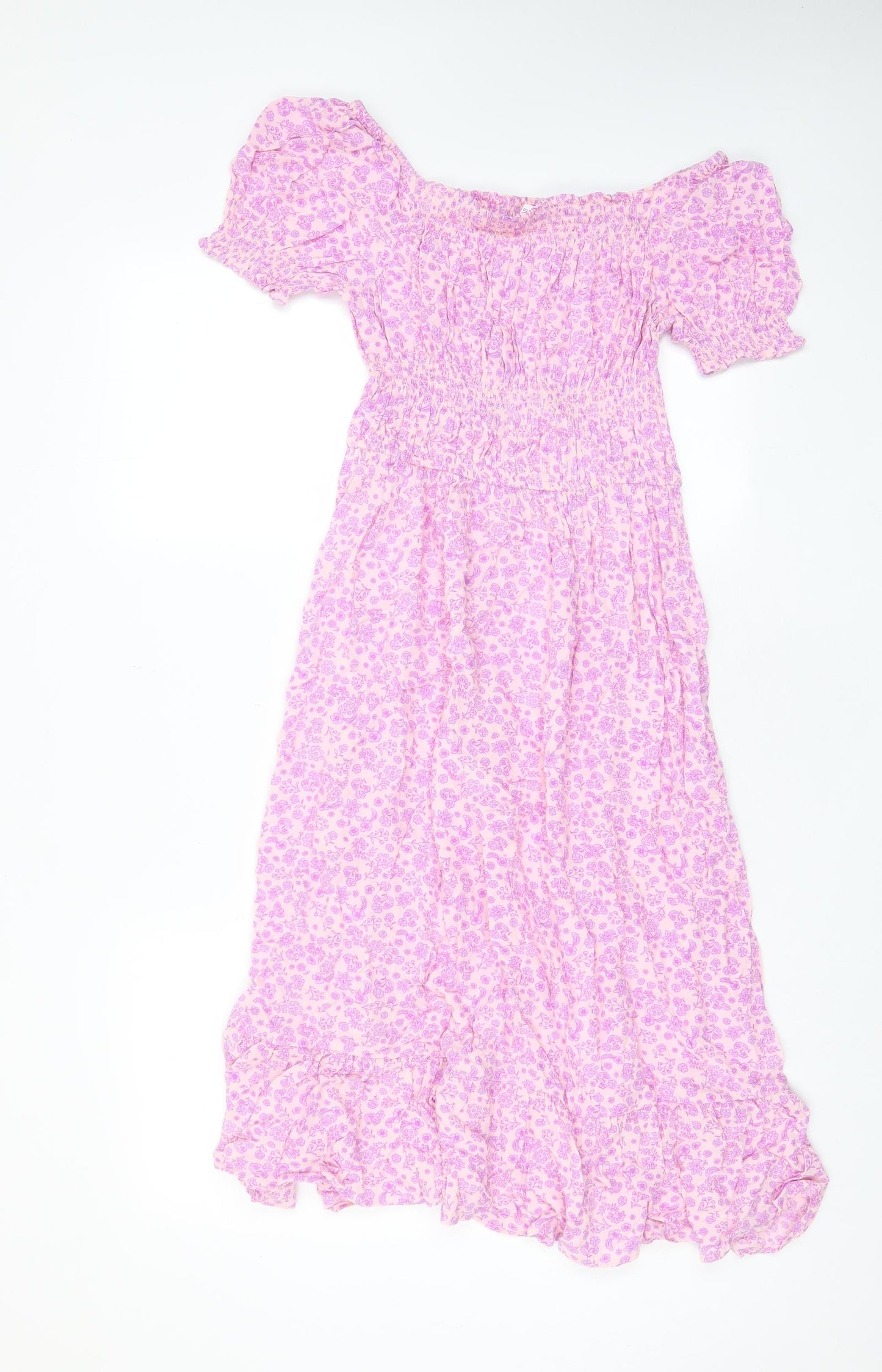 Marks and Spencer Girls Pink Floral Viscose A-Line Size 10-11 Years Boat Neck Pullover - Pleated