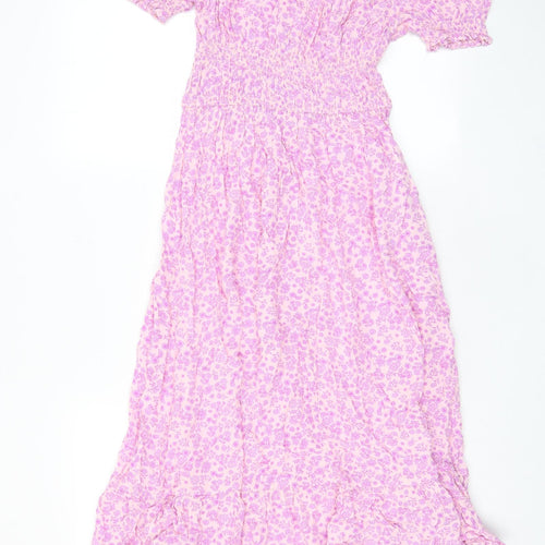 Marks and Spencer Girls Pink Floral Viscose A-Line Size 10-11 Years Boat Neck Pullover - Pleated