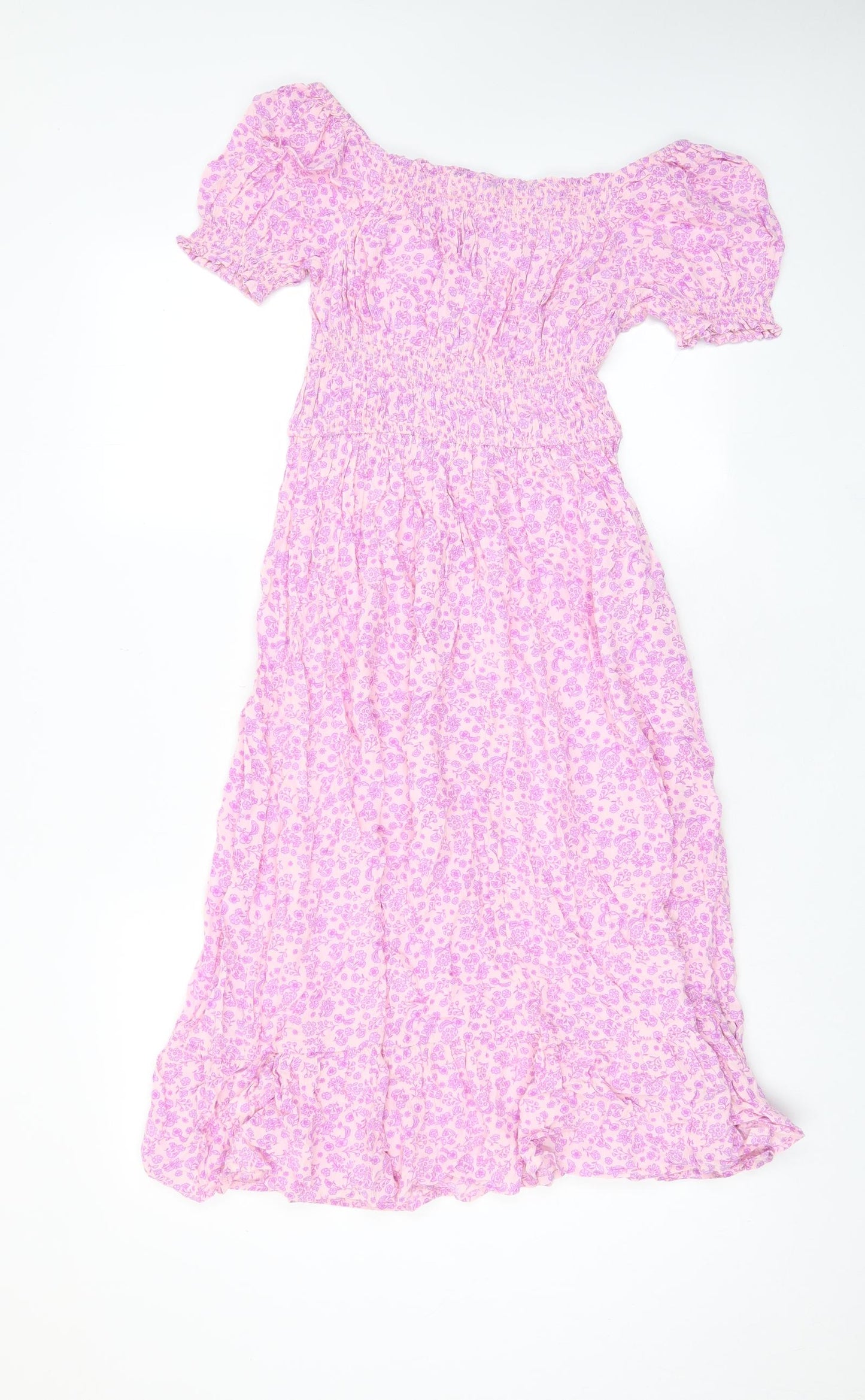 Marks and Spencer Girls Pink Floral Viscose A-Line Size 10-11 Years Boat Neck Pullover - Pleated