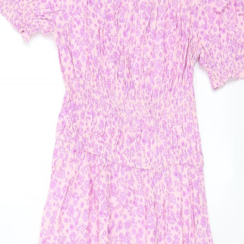Marks and Spencer Girls Pink Floral Viscose A-Line Size 10-11 Years Boat Neck Pullover - Pleated