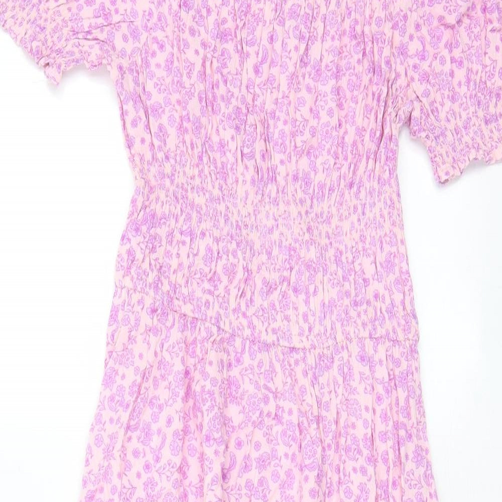 Marks and Spencer Girls Pink Floral Viscose A-Line Size 10-11 Years Boat Neck Pullover - Pleated