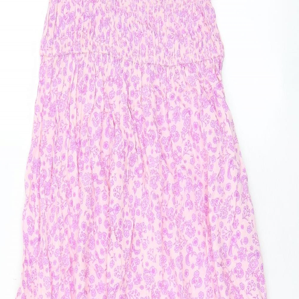 Marks and Spencer Girls Pink Floral Viscose A-Line Size 10-11 Years Boat Neck Pullover - Pleated