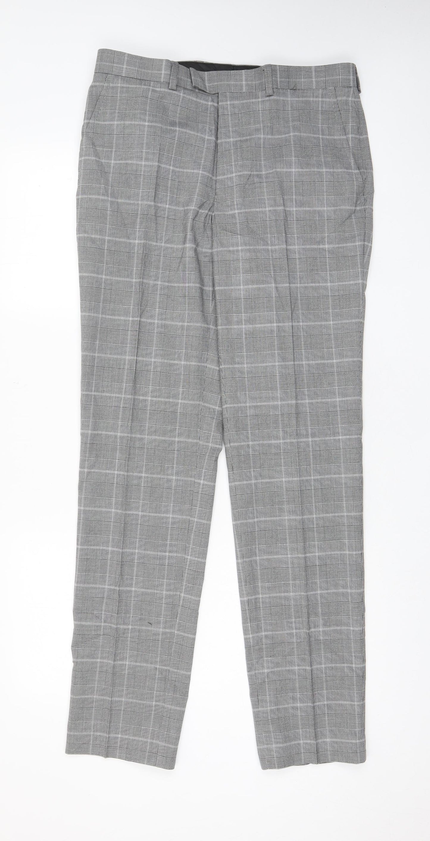 Marks and Spencer Mens Grey Plaid Polyester Trousers Size 32 in L33 in Regular Hook & Eye - Pockets, Belt Loops, Long Leg