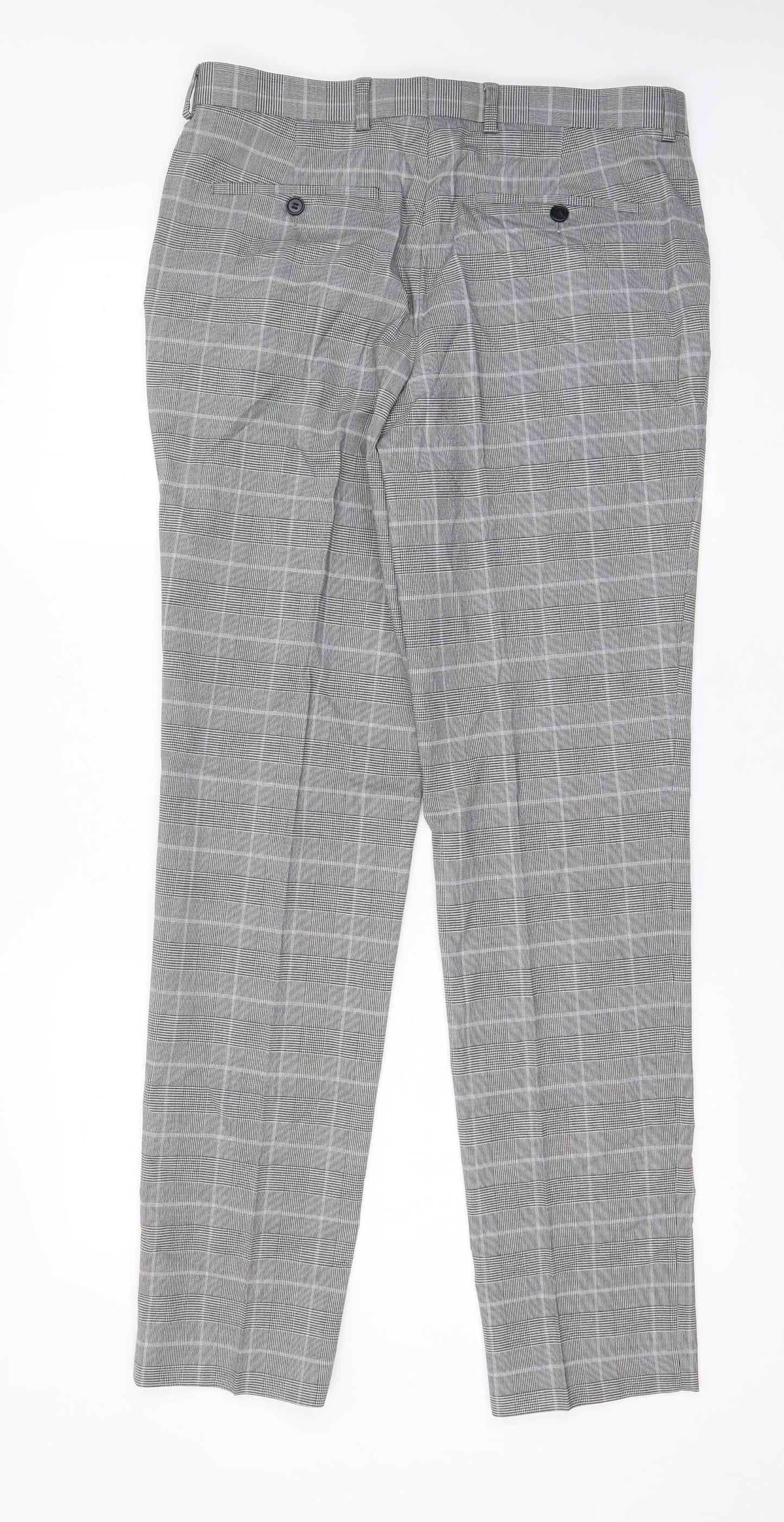 Marks and Spencer Mens Grey Plaid Polyester Trousers Size 32 in L33 in Regular Hook & Eye - Pockets, Belt Loops, Long Leg