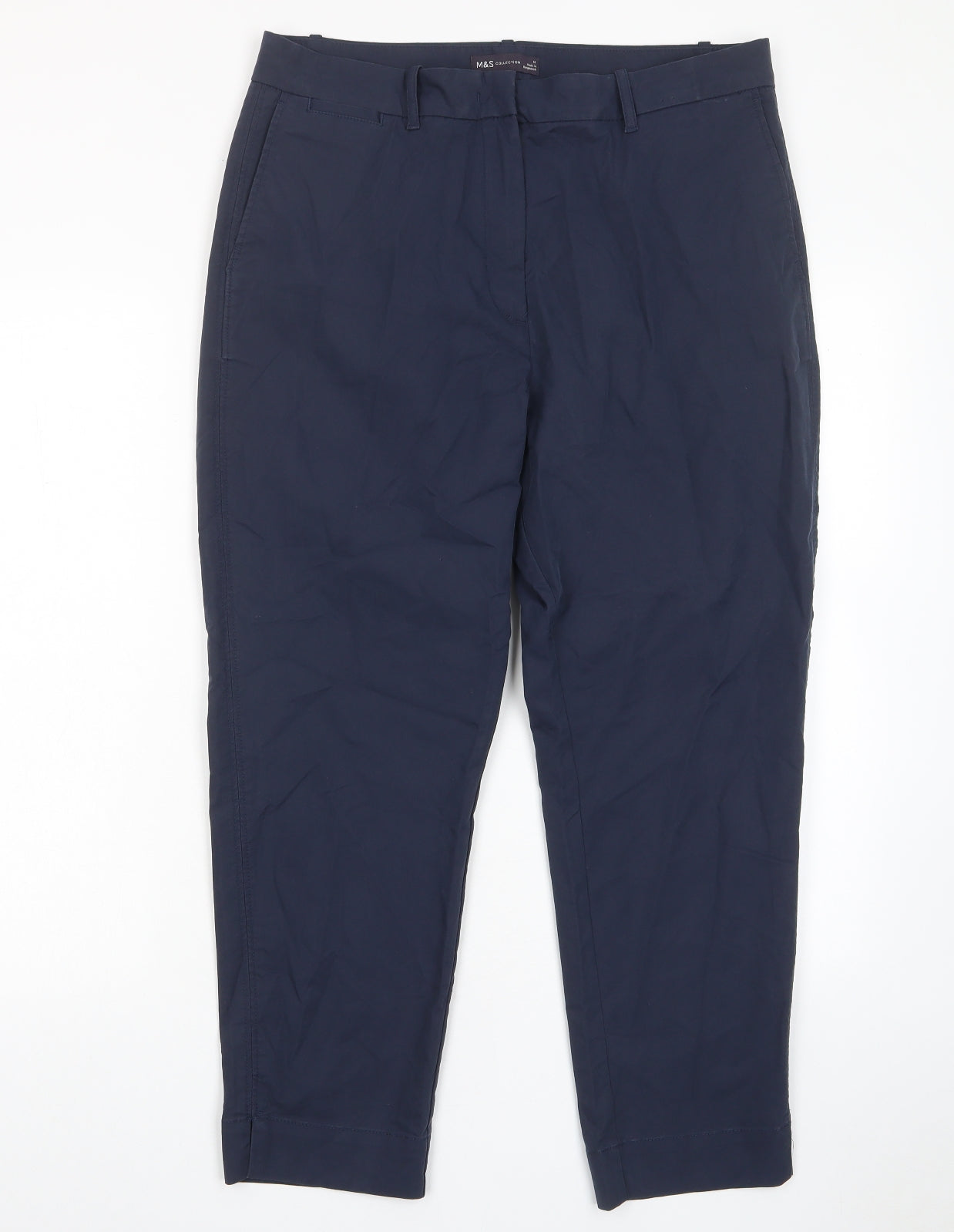 Marks and Spencer Womens Blue Cotton Trousers Size 14 L25 in Regular Hook & Eye - Pockets, Belt Loops
