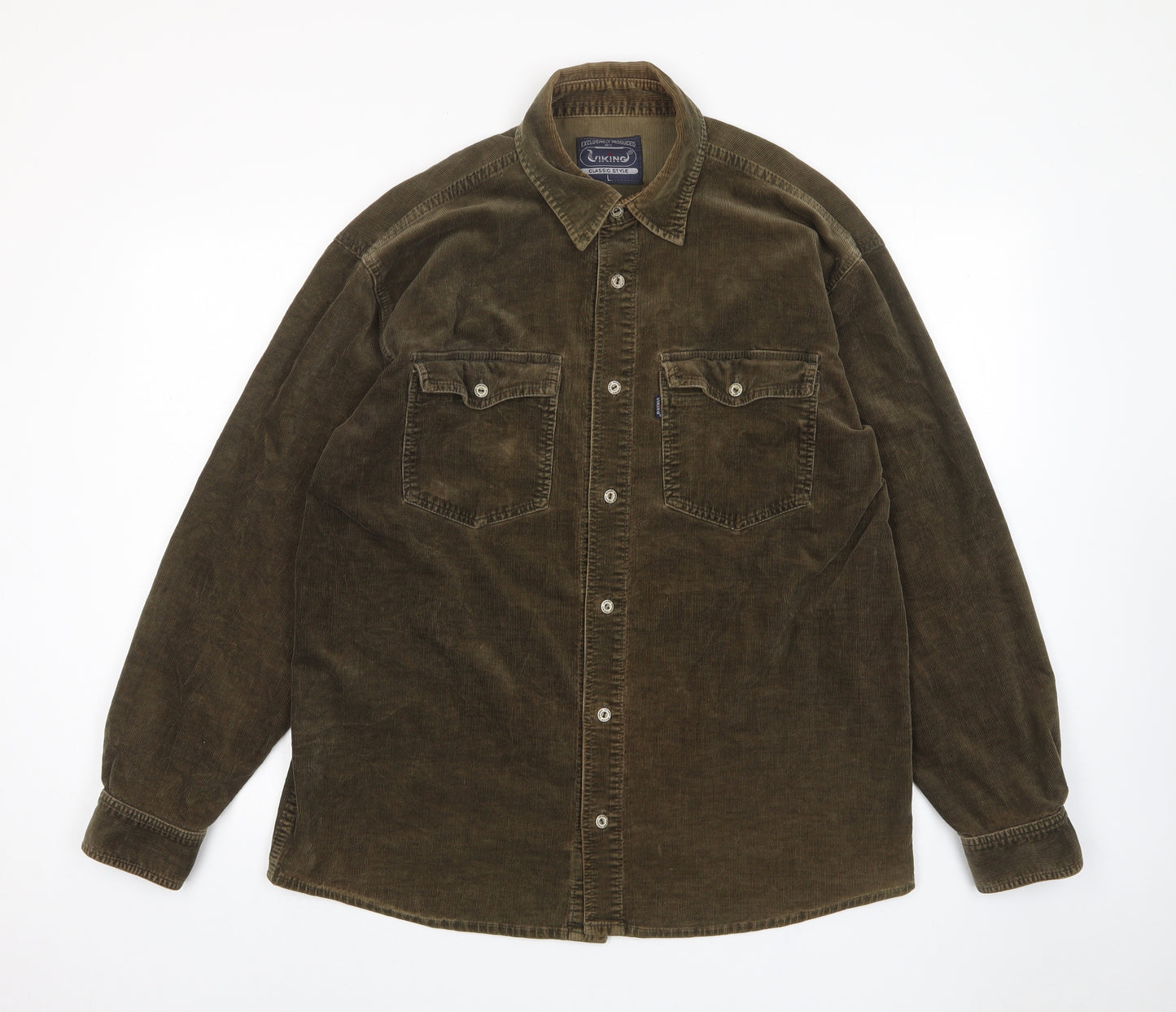 Viking Mens Green Cotton Button-Up Size L Collared Button - Pockets