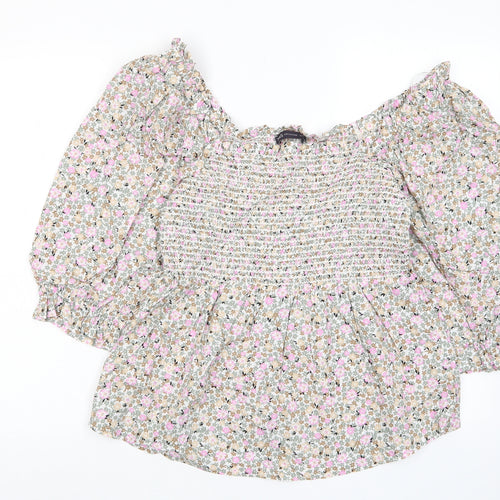 Marks and Spencer Womens Multicoloured Floral Cotton Basic T-Shirt Size 10 Scoop Neck - Frill