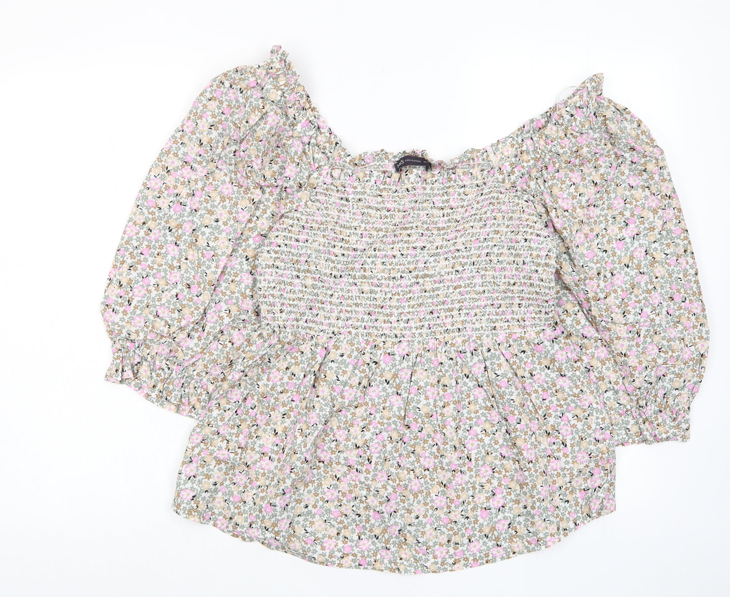Marks and Spencer Womens Multicoloured Floral Cotton Basic T-Shirt Size 10 Scoop Neck - Frill