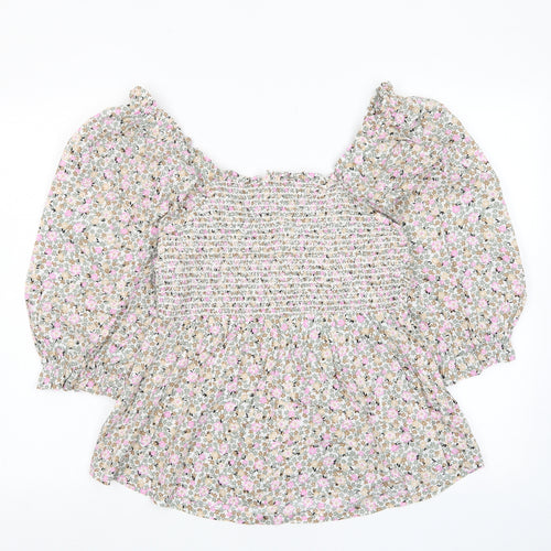 Marks and Spencer Womens Multicoloured Floral Cotton Basic T-Shirt Size 10 Scoop Neck - Frill