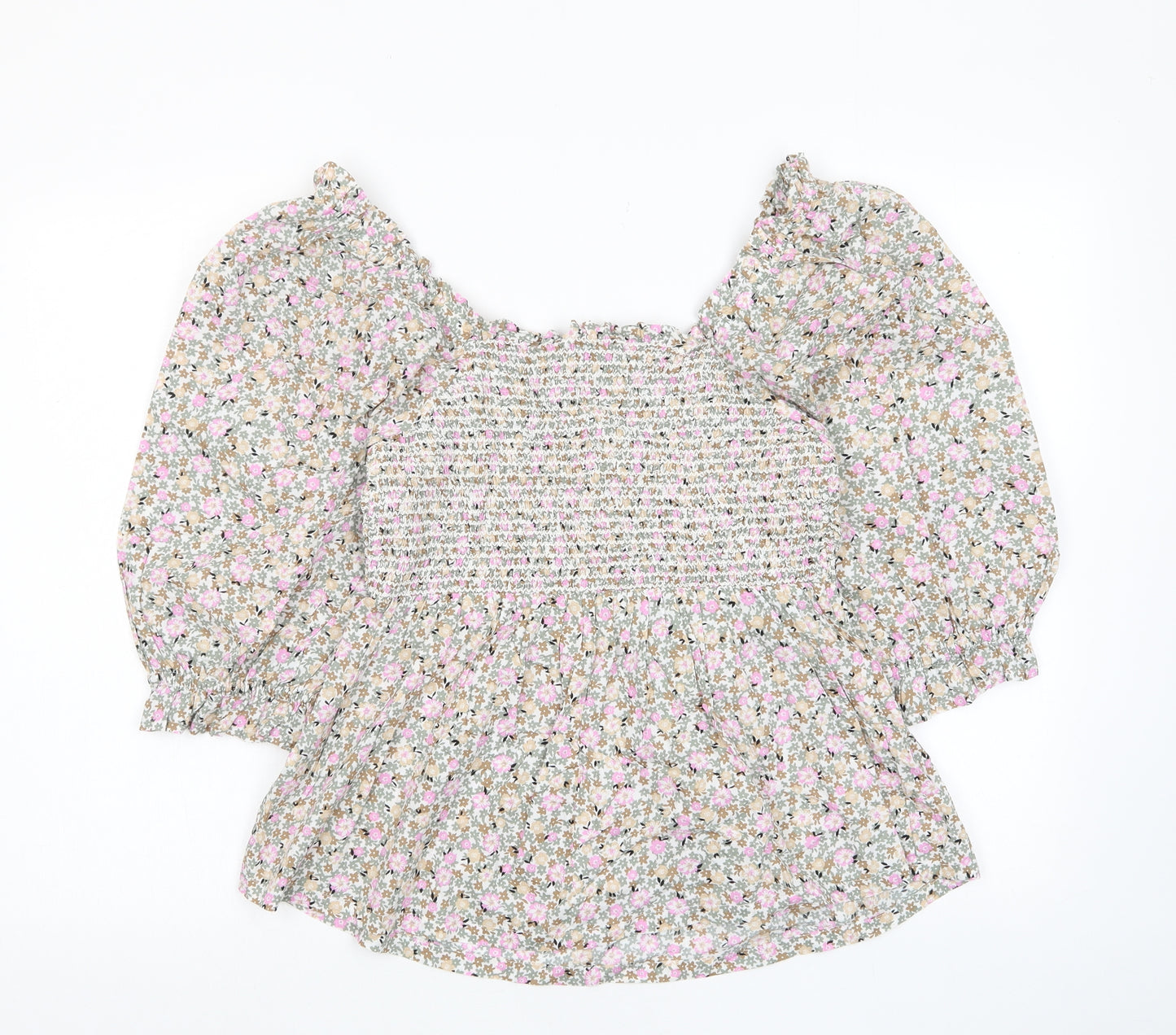 Marks and Spencer Womens Multicoloured Floral Cotton Basic T-Shirt Size 10 Scoop Neck - Frill