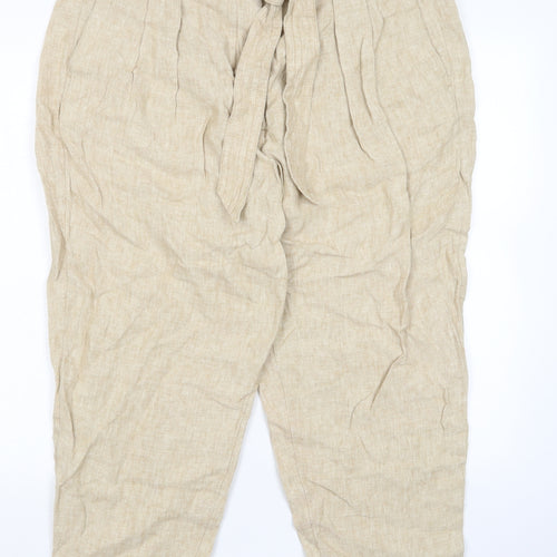 Marks and Spencer Womens Beige Linen Trousers Size 20 L27 in Regular Hook & Eye - Pleated, Pockets, Belted