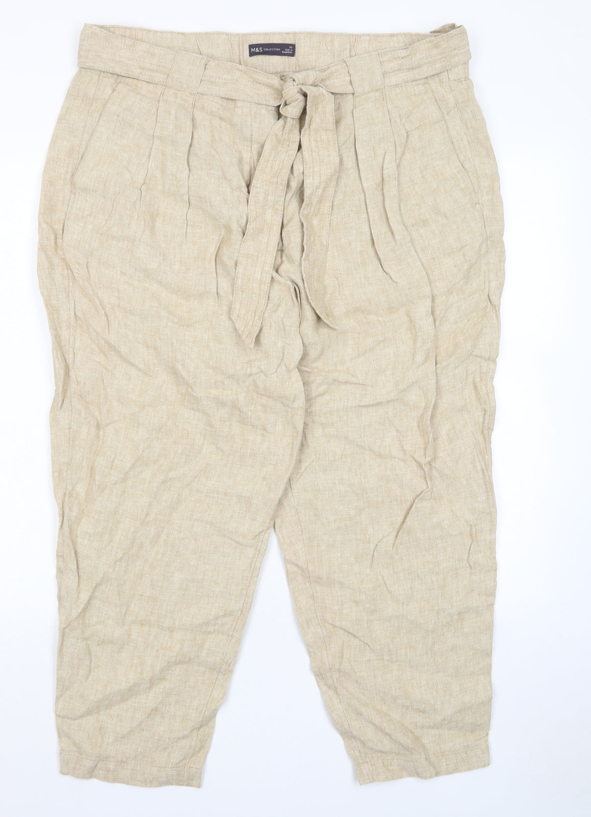 Marks and Spencer Womens Beige Linen Trousers Size 20 L27 in Regular Hook & Eye - Pleated, Pockets, Belted